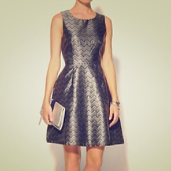 NEW NWT PIM LARKIN Lena Brocade Dress Black Silver Chevron Fit Flare Party Small - Picture 1 of 8